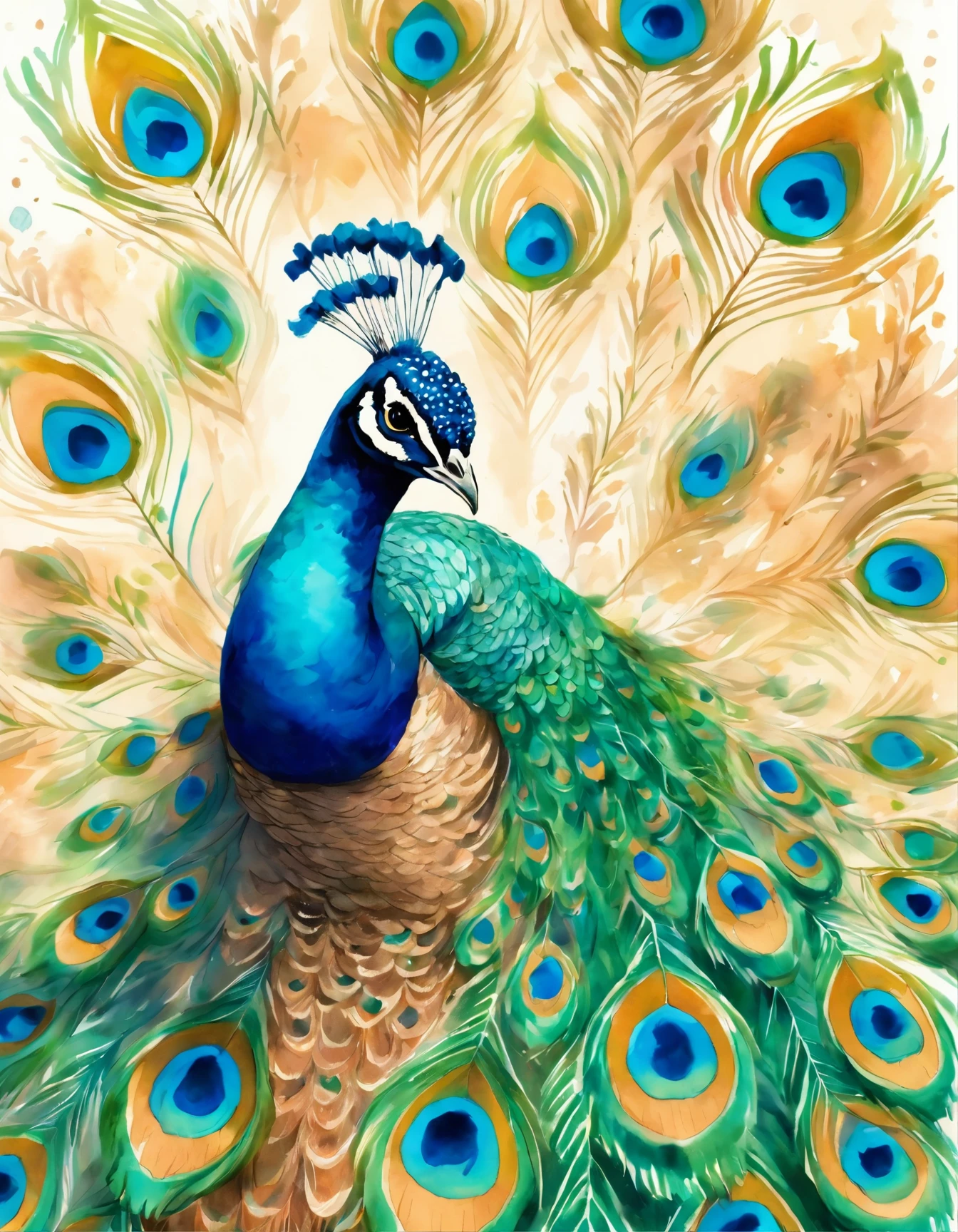 painting of a peacock with blue feathers on a white background, peacock. intricate, peacock colors, peacock, beautiful detail and color, masterful detailed watercolor, 9 peacock tails, painted in bright water colors, 9 brilliant peacock tails, water color and pen, by Charlotte Harding, watercolor and ink, by Mardi Barrie