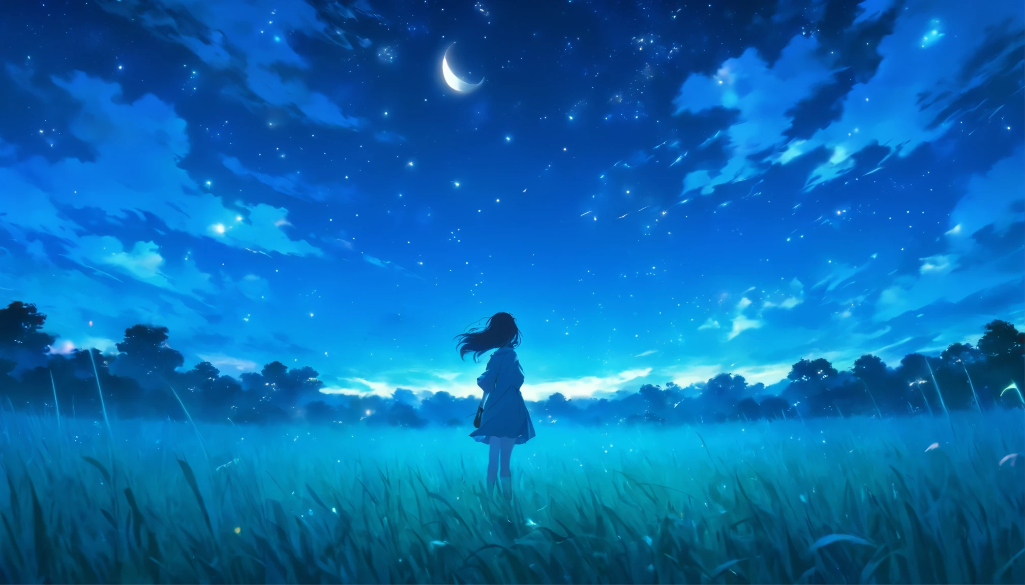 midnight,Beautiful moonlight, in huge grass field, A soft wind blows, girl standing at a distance looking at the starry sky