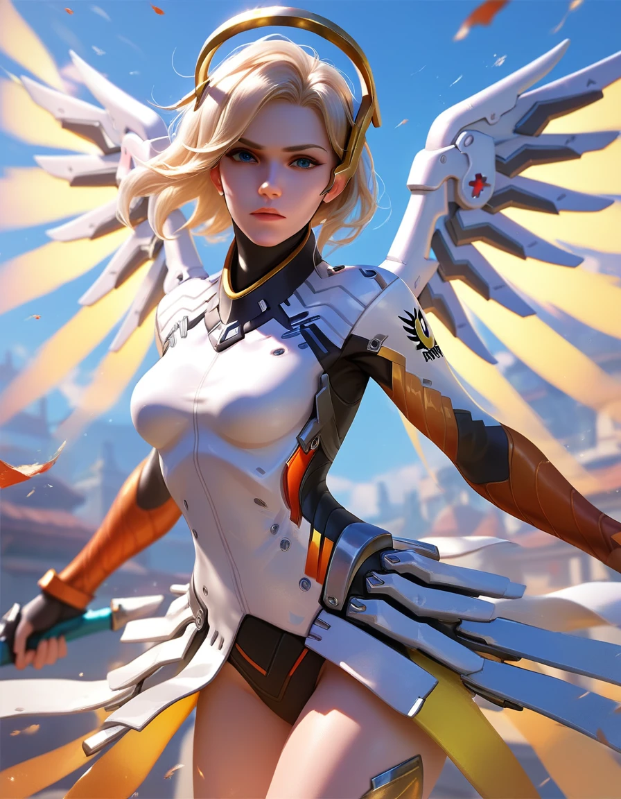 score_9, score_8_up, score_7_up, 1girl, Mercy from Overwatch, looking at viewer, action pose, cowboy shot