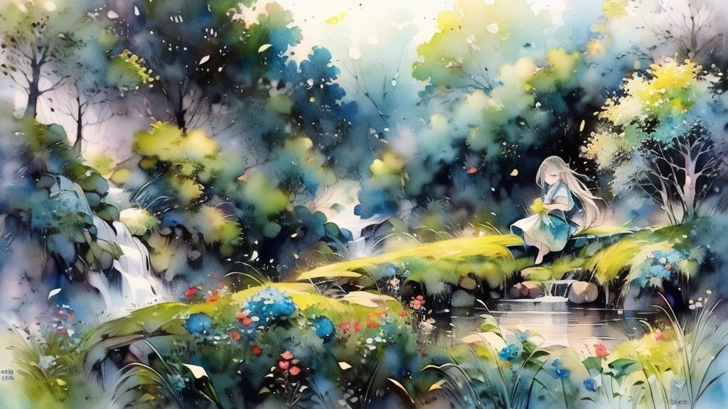 a beautiful pastoral landscape, a girl sitting in a field, detailed watercolor painting, lush green meadow, rolling hills, soft natural lighting, vibrant colors, detailed foliage, delicate flower petals, serene atmosphere, gentle breeze, intricate brushstrokes, fine art quality, photorealistic, (best quality,4k,8k,highres,masterpiece:1.2),ultra-detailed,(realistic,photorealistic,photo-realistic:1.37),landscape,painting