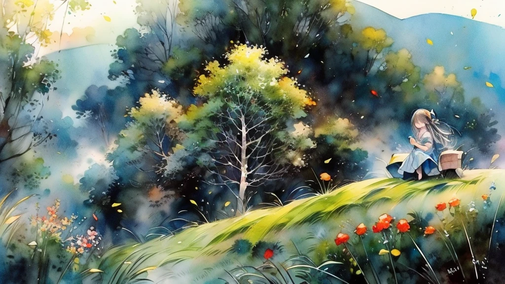 a beautiful pastoral landscape, a girl sitting in a field, detailed watercolor painting, lush green meadow, rolling hills, soft natural lighting, vibrant colors, detailed foliage, delicate flower petals, serene atmosphere, gentle breeze, intricate brushstrokes, fine art quality, photorealistic, (best quality,4k,8k,highres,masterpiece:1.2),ultra-detailed,(realistic,photorealistic,photo-realistic:1.37),landscape,painting
