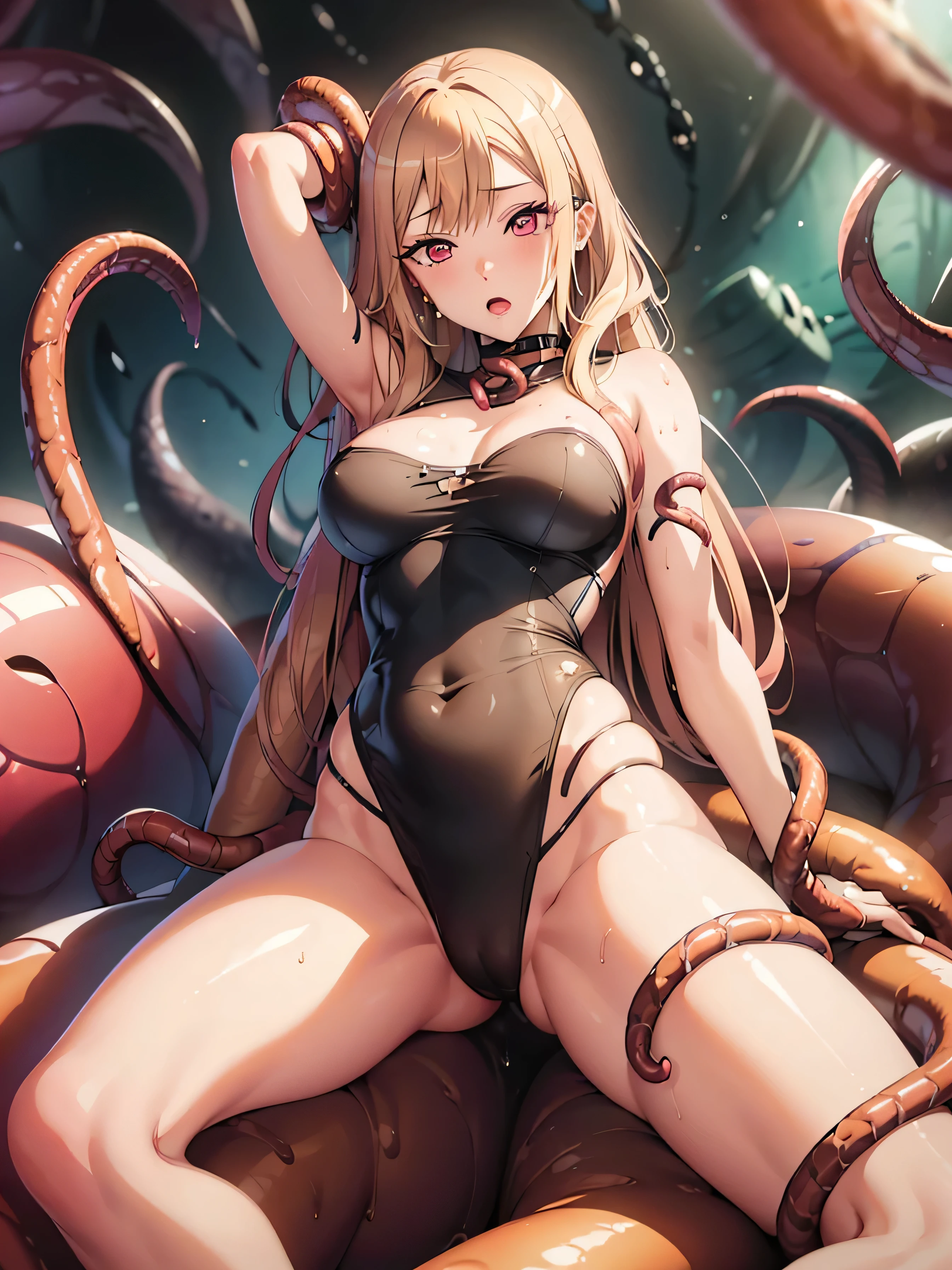 masterpiece, highest quality, High resolution, (restrained, tentacle sex , tentacles), kitagawa marin, Blonde, Long Hair, Multicolored Hair, Red eyes,