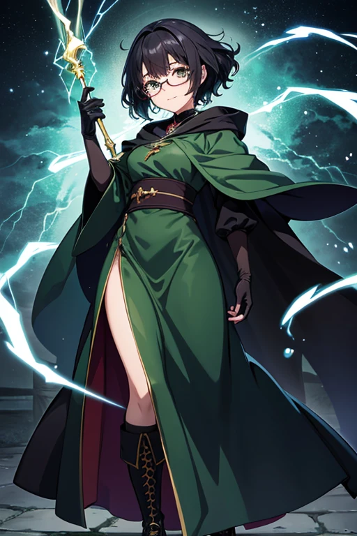 Anime drawings、Full body portrait、Fantasy world characters、A timid female wizard, around 155cm tall and about 15 years old, wearing a dark green robe and a long skirt, emitting lightning bolts.、Curly short black hair、Crying face、Glasses、gloves、boots