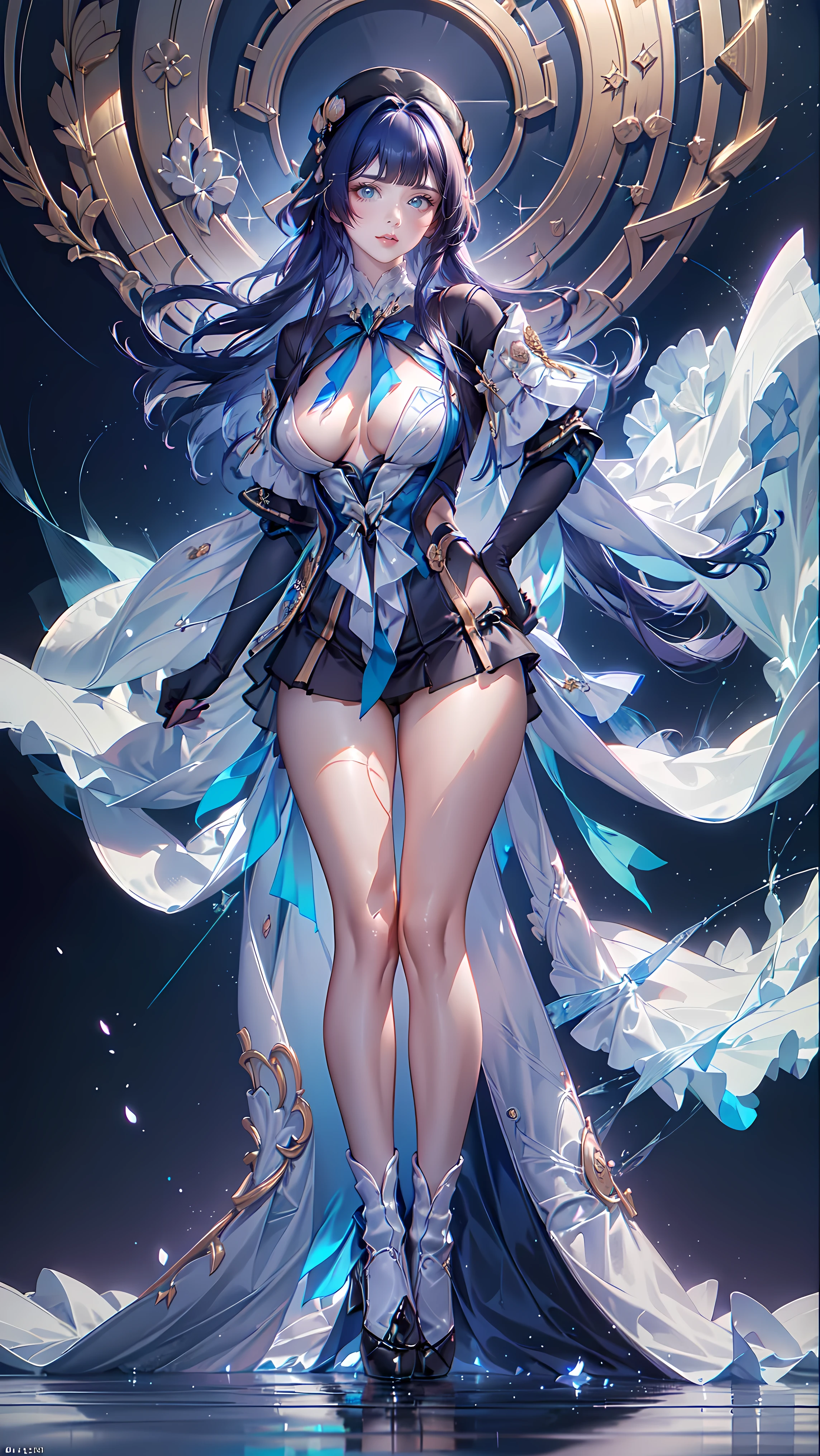 (((FULL BODY POSE))) (((SHOW PANTIES))) (((BIG GIANT BOOBS))) (((LONG BLUE HAIR WEAR GLASSES AND HAT))) ((GOOD FINGER, ANATOMY CORRECTED)) (((WHITE BLUE LUXURY ARISTOCRATIC NOBLE COSTUME WITH FLOWER BROCHS))) | A WOMEN WEAR ((SEXY OUTFIT)) FLOATING IN THE WATER ((BLUE SKY BACKGROUND)) ((FLOWER PETALS FAILING BACKGROUND IS A BLUE SKY)))) HORIZON PLANET FULL OF (((STARS))) | big eyes, ((big boobs)) sexy pose, big thigh, full body, large breasts, open legs, show panties, smile, portrait knights of zodiac, extremely detailed ((pixiv arts)), high detailed official artwork, [ tarot card ]!!!!!, detailed key anime art, knights of zodiac anime, beautiful celestial mage, firefly from honkai star rails, full body | (dynamic angle:1.1), outline, ((thick line art)), cover, stylish, official art, (details:1.2), (fantasy), garden, (bloom:1.1), glow:0.2, shadow, nature, flower, splash water, crystal, snowflakes, particles, bokeh, anamorphic light (depth of field), sharp focus, (volumetric lighting), (bokeh:0.6), film grain:0.4, (soft lighting:1.1) (VIGNETTE:1) | high-quality, ultra-detailed illustrations, ultra-high resolution, (high resolution, overwhelmingly pixel-perfect, luxurious illustration), (Ultra Quality, Masterpiece, Ethereal:1.4) photorealistic:.1.4, UHD (8k, RAW photo, best quality, masterpiece:1.2)