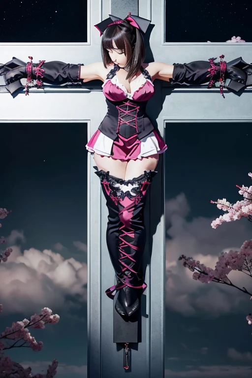 masterpiece,highest quality, 超A high resolution, (Realistic)、RAW Photos,(every time :1.2), ((One Japanese woman、Wearing Gothic ta、Crucified on an iron cross))、(Landscape Photography)、((Detailed depiction down to the toes))、
((Satin Material、Lots of frilly ribbons))、Halter neck、Bust-up design、corset、Exposing thighs、Pannie skirt、Thigh-high boots、Stiletto heels、Long gloves、
Short Bob Hair:1.2、Big eyes:1.5、Plump face、Highly detailed eyes、Ample breasts、Looking into the camera、((whole body))、
Big Moon、Bright moonlight、Pink and red interpolated colors、Nebula Sky、