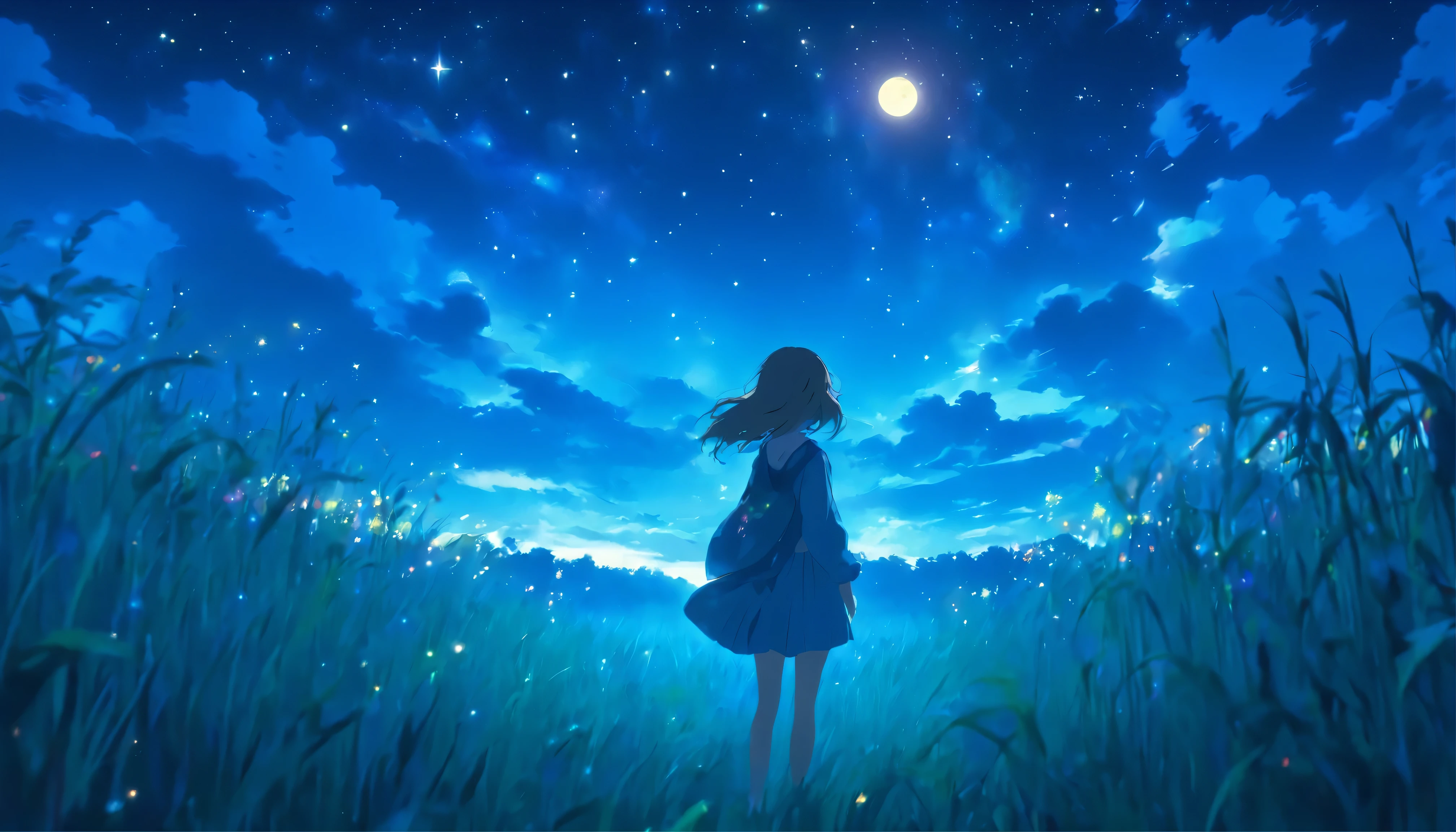 midnight,Beautiful moonlight, in huge grass field, A soft wind blows, girl standing at a distance looking at the starry sky, 1 girl