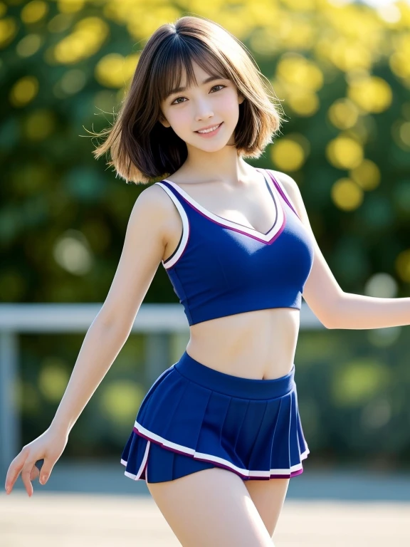 (whole body:1.3),masterpiece, highest quality, High resolution, wallpaper, Realistic, Bright lighting, Professional Lighting, Face Light, Smooth lighting, Japanese Girls, ((whole body:1.3)),running, ,cute, smile, beautiful girl, gravure, sexy, so beautiful, Beautiful Skin, Beautiful and detailed、Detailed face、slim、Moderate, short hair, Brunette colored hair, Brown eyes, View your viewers,Cheerleader uniforms,I have a pom-pom,,flower,School gymnasium,Small,Thighs、A dynamic pose,Cleavage,