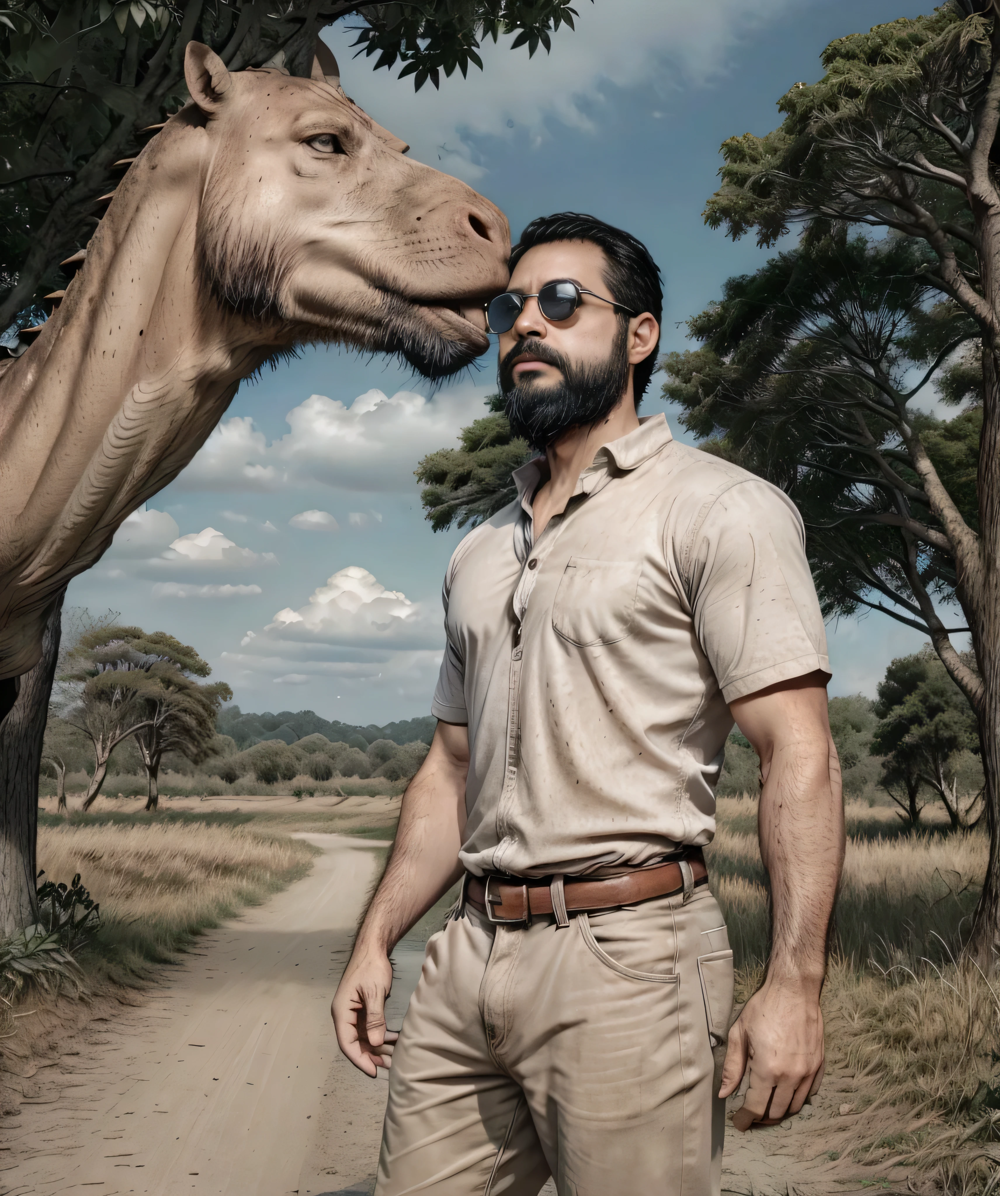 A well-built man with a dark beard and sunglasses, vistiendo una camisa de manga larga color beige y jeans desgastados, se encuentra en primer plano. Su figura llena la imagen, highlighting his expression of amazement and determination. Behind him, a prehistoric landscape with lush giant ferns, ancient trees and a twilight sky. En el fondo, se pueden ver varios dinosaurios, incluyendo un majestuoso Tiranosaurio Rex y un grupo de Triceratops pastando. El hombre sostiene una lanza improvisada en su mano derecha, listo para enfrentar los peligros de este mundo antiguo y fascinante.