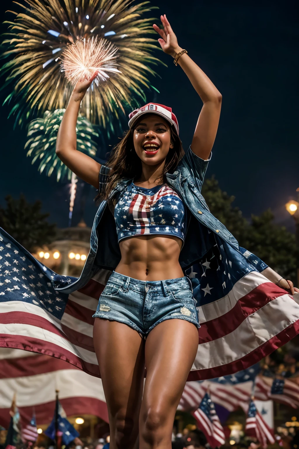 Scene Setting:

Set the scene during an Independence Day celebration, outdoors in a lively and festive environment such as a park or a city square.
Include elements like fireworks in the sky, festive decorations, and other people celebrating in the background.
Woman's Posture and Attire:

The woman is standing or jumping with excitement, her posture dynamic and filled with joy.
She is dressed in patriotic attire, such as a fitted T-shirt or tank top with the American flag design, and denim shorts or a skirt.
Accessories like a lightweight jacket, a baseball cap, or a headband with stars and stripes can enhance her look.
Expression and Gestures:

Her expression is one of pure joy and exhilaration, with a wide, radiant smile and eyes sparkling with excitement.
Her gestures are enthusiastic and celebratory: she might be waving a large American flag, throwing her arms up in the air, or catching confetti.
Environmental Details:

The sky is filled with colorful fireworks, adding to the festive atmosphere.
The scene includes patriotic decorations such as banners, balloons, and streamers in red, white, and blue.
Background and Atmosphere:
The overall atmosphere is vibrant and joyful, capturing the excitement and patriotic spirit of Independence Day.
Lighting and Composition:

Use bright, natural daylight or the glow of fireworks to highlight the woman's features and the vibrant colors of her attire and the American flag.
Composition should place the woman in the foreground with fireworks and celebratory elements creating a dynamic and engaging backdrop.
Ensure the American flag is prominently displayed either in her hands or in the background.
Accessories and Additional Elements:

Include accessories such as patriotic-themed sunglasses, a