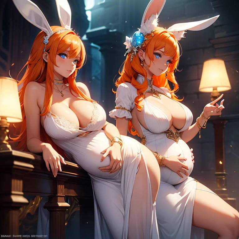 Beautiful sexy pregnant female sorceress, elegant formal detailed and tight white dress with orange details, blue gems, mature, bunny ears, orange hair, piercing blue eyes, cleavage, seductive, revealing pose