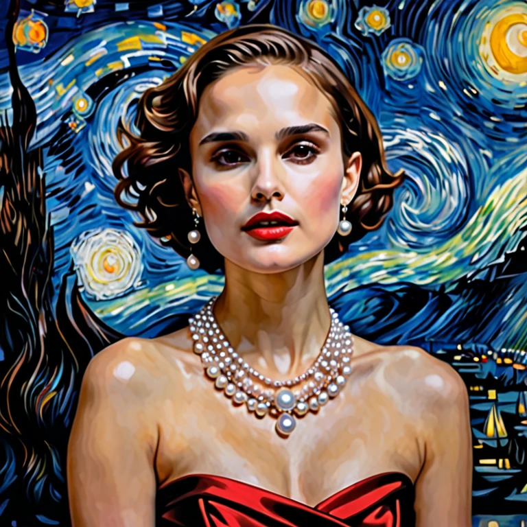 Topless Natalie Portman, Oil painting, Renaissance, Leonardo da Vinci, model, modern style, pop star, cool, short hair red color pearl necklace, earrings, modern makeup, red lipstick, Starry night, dress with black stars, ring, defined strokes  