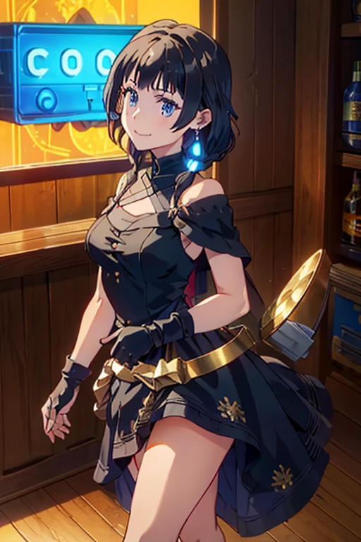 (dynamic angle:1.3, front view:1.1, breast focus:1.3, from below:1.2), (dynamic posing:1.5, sexy posing:1.2, leaning forward), (seductive smiling:1.3), beutiful woman, 1girl,fullbody, happy, (with sparkling eyes and a contagious smile:1.2), red face, closed mouth, beautiful detailed eyes, super detailed skin, backlighting, bare shoulders, black background, black dress, black gloves, black hair, breasts, dress, earrings, fingerless gloves, floating hair, floral print, flower, gloves, gold earrings, gold hairband, hair flower, hair ornament, hairband, holding, holding two-hands knife weapon, jewelry, small breasts:1.2, long hair, looking at viewer, off-shoulder dress, off shoulder,blue eyes, short hair with long locks, sidelocks, solo, spikes, thighs, two-sided dress, two-sided fabric, weapon, fighting stance , face, close up, from above, highest quality, high resolution,Real World, Natural light,perfect Natural light,looking at viewer,The bar is beautiful, with colorful bottles of alcohol in the background and a soft glow from neon lights.
