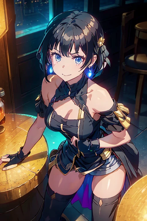 (dynamic angle:1.3, front view:1.1, breast focus:1.3, from below:1.2), (dynamic posing:1.5, sexy posing:1.2, leaning forward), (seductive smiling:1.3), beutiful woman, 1girl,fullbody, happy, (with sparkling eyes and a contagious smile:1.2), red face, closed mouth, beautiful detailed eyes, super detailed skin, backlighting, bare shoulders, black background, black dress, black gloves, black hair, breasts, dress, earrings, fingerless gloves, floating hair, floral print, flower, gloves, gold earrings, gold hairband, hair flower, hair ornament, hairband, holding, holding two-hands knife weapon, jewelry, small breasts:1.2, long hair, looking at viewer, off-shoulder dress, off shoulder,blue eyes, short hair with long locks, sidelocks, solo, spikes, thighs, two-sided dress, two-sided fabric, weapon, fighting stance , face, close up, from above, highest quality, high resolution,Real World, Natural light,perfect Natural light,looking at viewer,The bar is beautiful, with colorful bottles of alcohol in the background and a soft glow from neon lights.