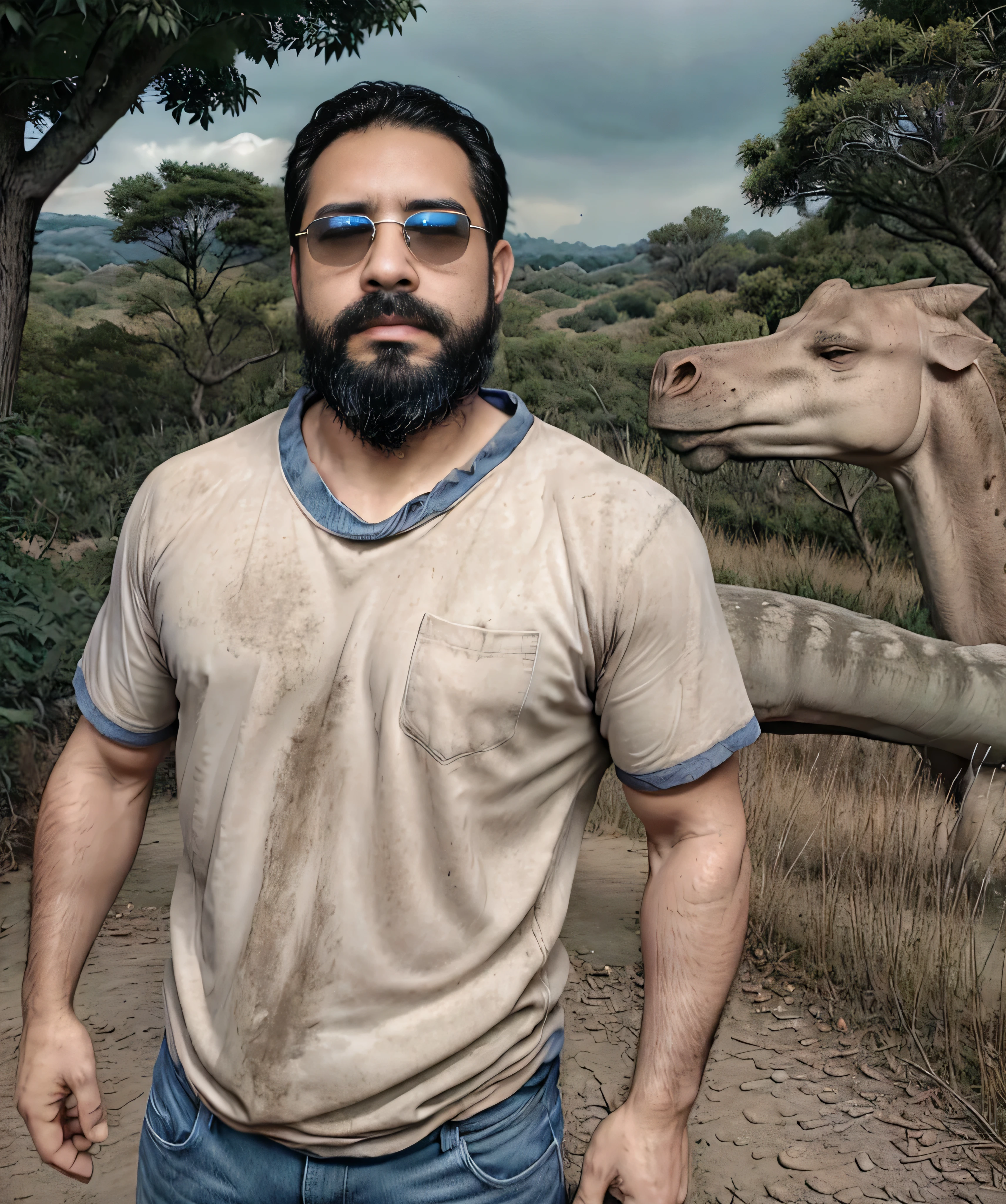 A well-built man with a dark beard and sunglasses, vistiendo una camisa de manga larga color beige y jeans desgastados, se encuentra en primer plano. Su figura llena la imagen, highlighting his expression of amazement and determination. Behind him, a prehistoric landscape with lush giant ferns, ancient trees and a twilight sky. En el fondo, se pueden ver varios dinosaurios, incluyendo un majestuoso Tiranosaurio Rex y un grupo de Triceratops pastando. El hombre sostiene una lanza improvisada en su mano derecha, listo para enfrentar los peligros de este mundo antiguo y fascinante.