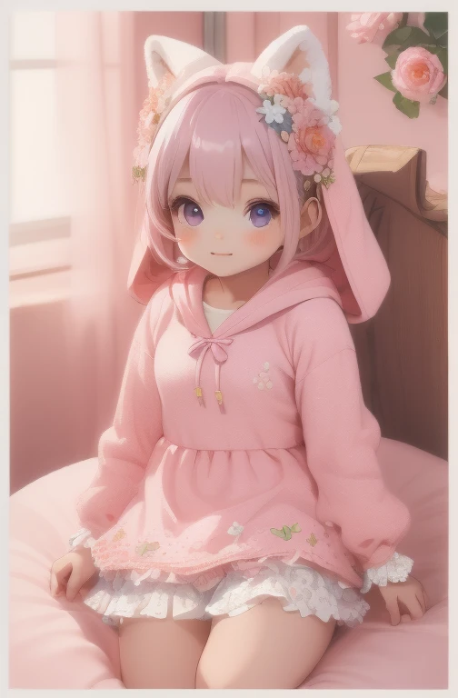 Absurd，High resolution，Super detailed，(One cute :1.3)，A little smile，de luz，Baby pink color，lolita hoodie fashion，Flowers sparkle，Campanella，Fantasy World，Pastel style，Soft Blending，Dreamy wash，Warm texture