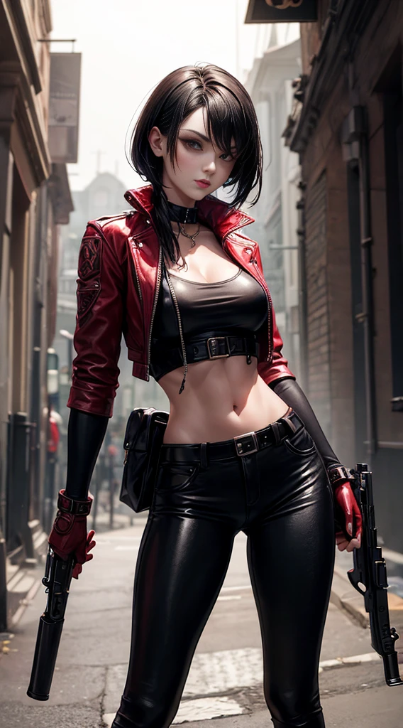 A beautiful 25-year-old British female vampire mercenary,She has short black hair, Pale skin, Wearing a red leather jacket and black leggings, holding a double gun, Front view, Waist Up, Dynamic poses, Ambient Lighting, Photo realism, Intricate facial details, Intricate hand details, Very detailed, Vibrant colors, Movie, HD, Trending on Artstation - Primitive Style