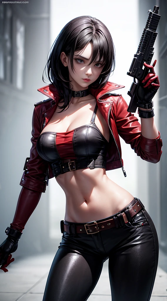 A beautiful 25-year-old British female vampire mercenary,She has short black hair, Pale skin, Wearing a red leather jacket and black leggings, holding a double gun, Front view, Waist Up, Dynamic poses, Ambient Lighting, Photo realism, Intricate facial details, Intricate hand details, Very detailed, Vibrant colors, Movie, HD, Trending on Artstation - Primitive Style