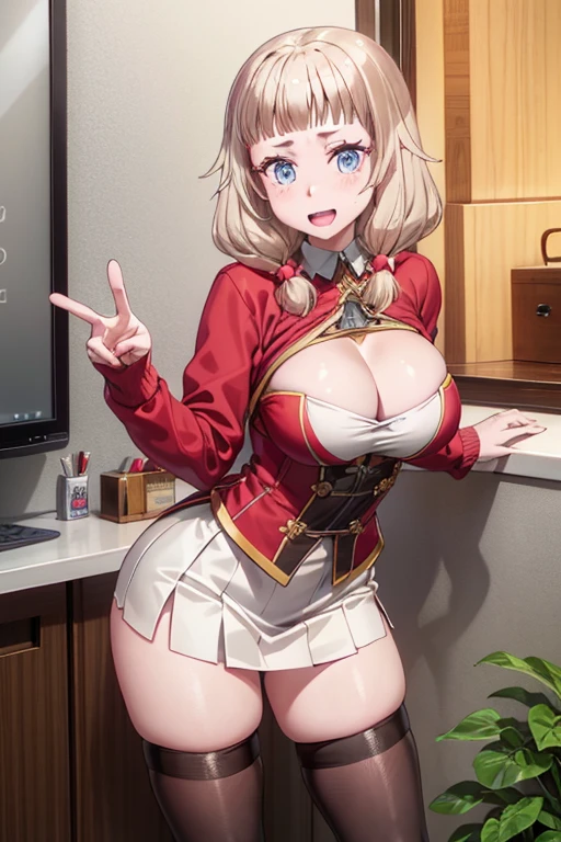 masterpiece,her age is 19 years old,(pointed chest:1.3), cleavage:1.1,(double breasted:1.2,under bust:1.2), a silver blonde haired girl, wearing a brown viking clothes, curly medium hair, beautiful hair, slim body, wearing furry capelet with hoody, he close her left eye, shirt ornament, aqua eyes, sho show her back, ahoge, red vest, , big breast, beautiful breasts, rounded breasts, braid hair, long sleeves, beautiful eyes, white stocking, droopy eyes, smile, (with sparkling eyes and a contagious smile),open mouth, Looking at Viewer,