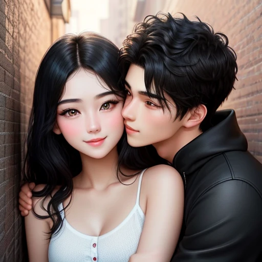 men and women, standing beside the wall, kissing kiss, seduced expression on face, Hugging and staring at each other, Lovers
20-year-old boy and 18-year-old girl, Detailed face, Detailed eyes, double eyelid, cute, sunny, warm, smile, Handsome-cool-warm-boy with black hair and hot-seductive-sexy-cute-beautiful-girl with black hair and blushing face. Intimate vibes.