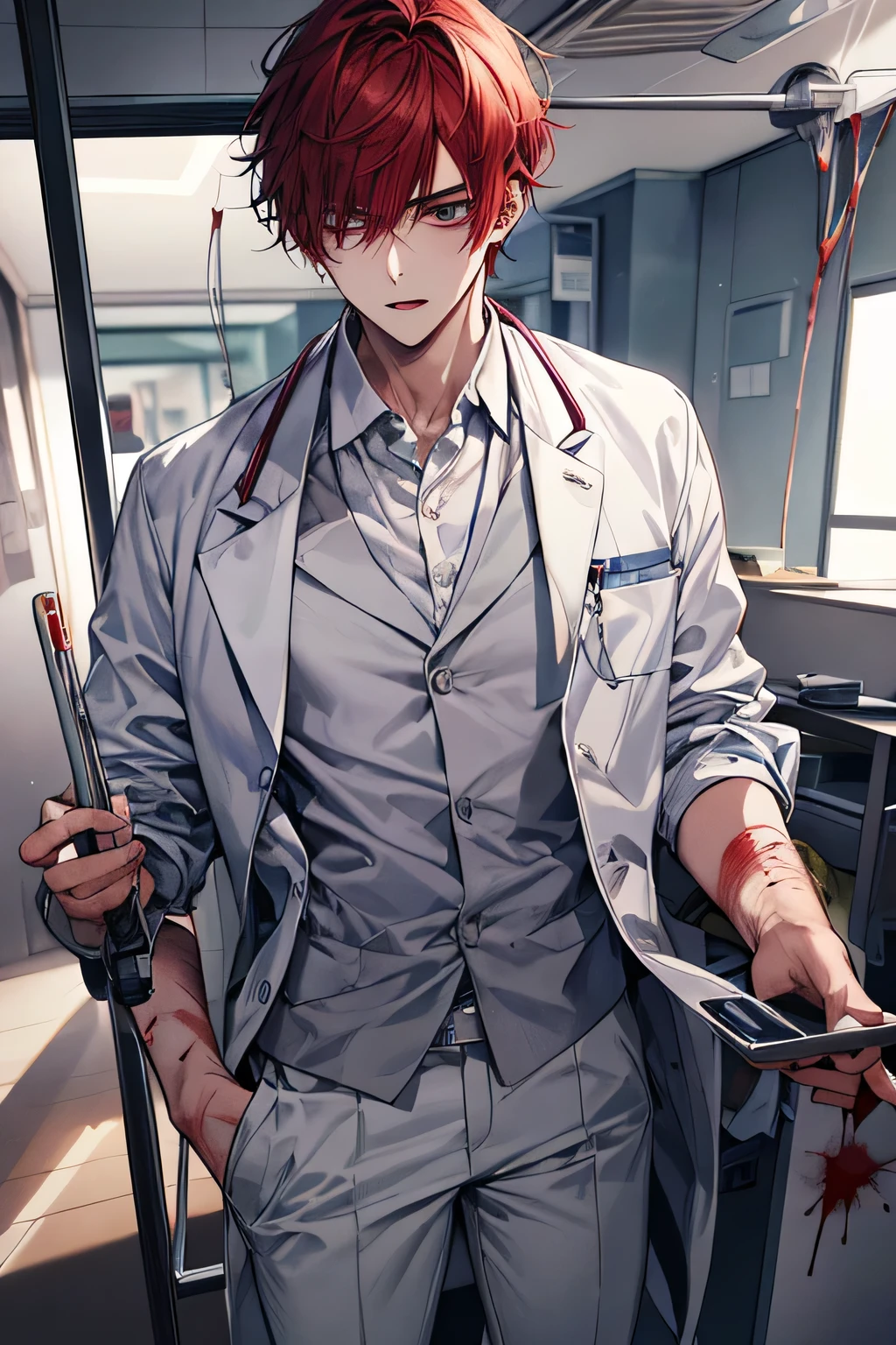 24-year-old boy, (masterpiece), 1man, red hair, male, doctor, white blouse outfit, blood, gore, horror, hospital illustration, medical instruments, crazy, midnight, dark