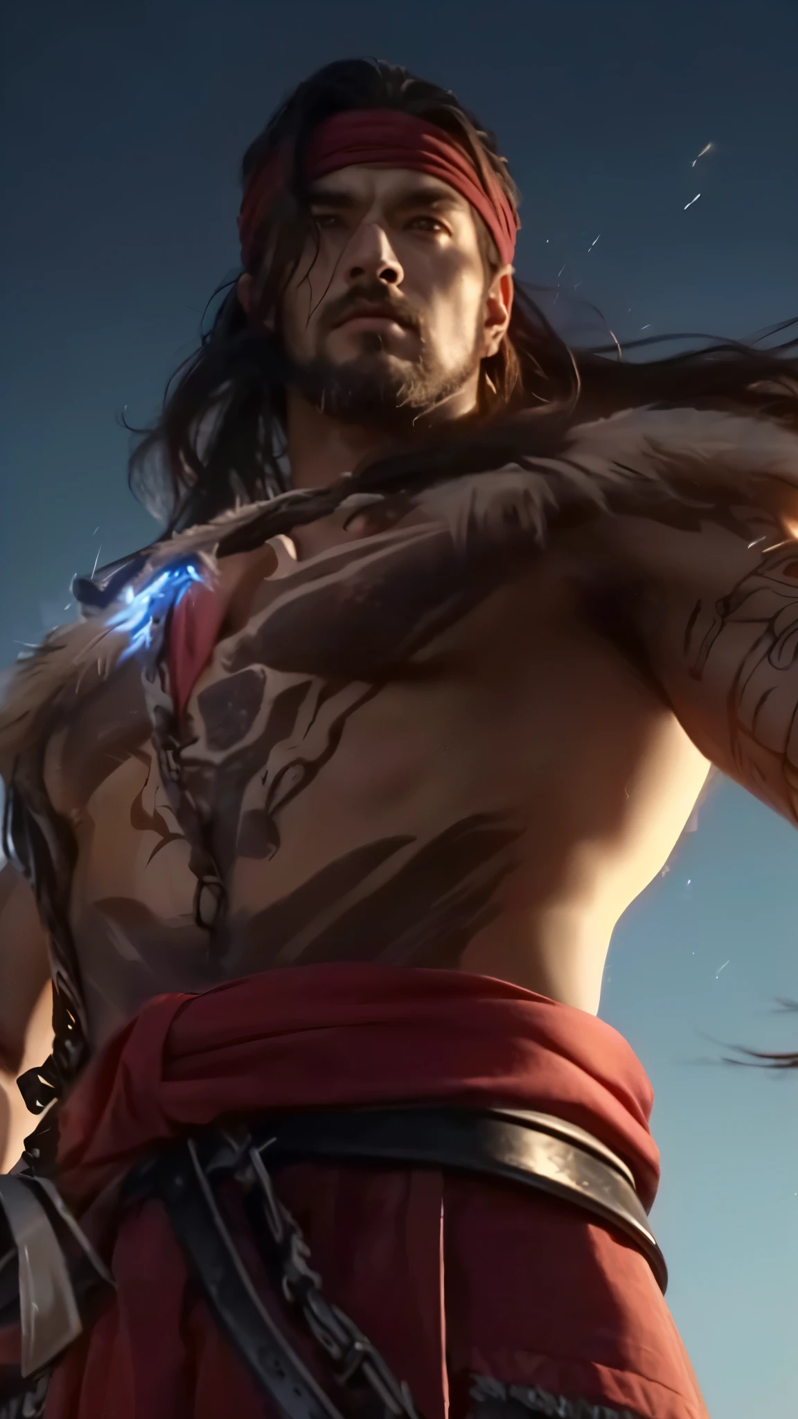 a close up of a man with a red bandana, berserker portrait, portrait berserker barbarian, painted portrait of rugged zeus, portrait of rugged zeus, male god svarog portrait, kaladin stormblessed, detailed portrait, realistic portrait, highly detailed face, detailed eyes, detailed nose, detailed lips, strong facial features, muscular body, body tattoo,rugged appearance, intense expression, dramatic lighting, moody atmosphere, dark color palette, oil painting, digital painting, cinematic composition, masterpiece, (best quality,4k,8k,highres,masterpiece:1.2),ultra-detailed,(realistic,photorealistic,photo-realistic:1.37)