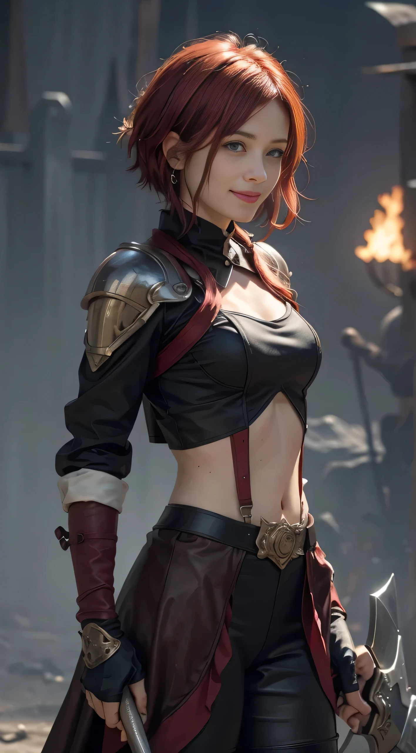 8k, best quality, highres, realistic, real person, A warrior facing a demon lord, more lightly armored this time, with a mischievous, cunning smile. The warrior has short brown hair and wields a large, ornately decorated axe. The setting is a fantasy battleground. The warrior's pose is more relaxed and sly, reflecting their crafty personality. The background includes magical effects and a dark, ominous atmosphere, emphasizing the ongoing battle.