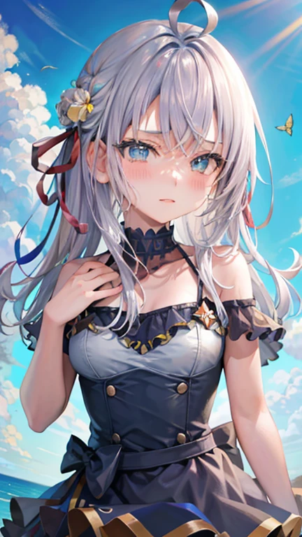 obra maestra,High quality CG illustration,Cinematic lighting effects.,Detalles faciales ultra detallados,ojos detallados,La mejor calidad en el mejor de los casos,Trabajo de nivel de obra maestra,Alyssa Kuru,1 chica,Bikini mariposa,Pelo largo y blanco,eOjos azules,Enfoque individual,desprecia a un espectador,Chapotea junto o en el mar。