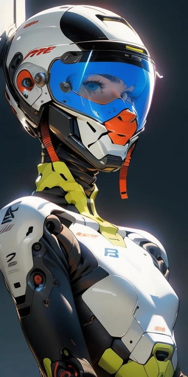 (best quality, masterpiece, ultra-realistic), portrait of female, solo, wearing a helmet, female shape, robotic exoskeleton, sleek design, futuristic, late 90's anime style, smooth lines, powered exoskeleton, extremely stylized, deviant art, masterpiece, highly detailed, futuristic, blush, super textured detailed skin, entire body image, full body shot.
