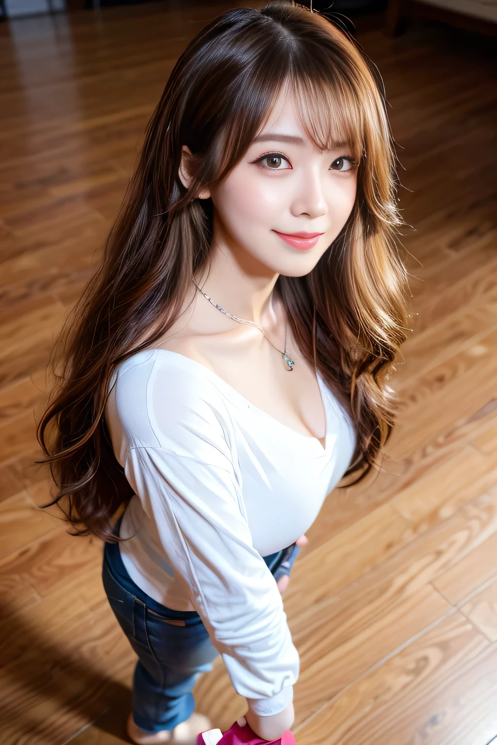 ((Full Body Angle))、((highest quality, 8K, masterpiece: 1.3)), concentrated: 1.2, Cute girl 1,Nipples erect、 Perfect beauty: 1.4,Crisscross V-neck T-shirt, Casual summer short sleeve t-shirt: 1.2,Long sleeve、Randall Color、comics&Text Graphics、Black ruffle-trimmed drawstring zip blouse,1.1, Highly detailed face and skin textures, Fine grain, double eyelid, whitening skin, ,highest quality,Ultra-high resolution,you,1 girl,alone,_Shiny_skin,Iris,necklace,((Brown_length_Wavy_hair)),(lips)),eyelash,Front hair,deal with,compensate,Shiny,pore,skin texture,Large Breasts、smiling face、Front hair、from above、