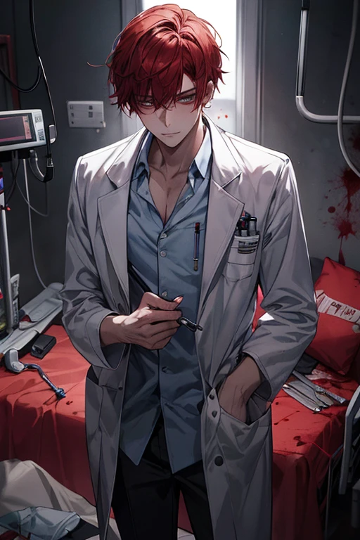 24-year-old boy, (masterpiece), 1man, red hair, male, doctor, white blouse outfit, blood, gore, horror, hospital illustration, medical instruments, crazy, midnight, dark