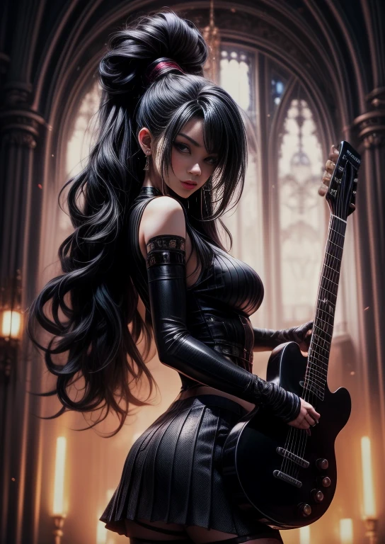 Girl playing the guitar, electric guitar, playing the guitar with a beautiful and stylish posture,
A beautiful girl playing the guitar at a concert hall, a stunning girl, a costume like a game character, wearing stockings,
She is wearing black leather clothing, is wearing a game ID and is playing the guitar, and has a slim body and slightly larger breasts.
Wearing accessories, wearing a skirt,