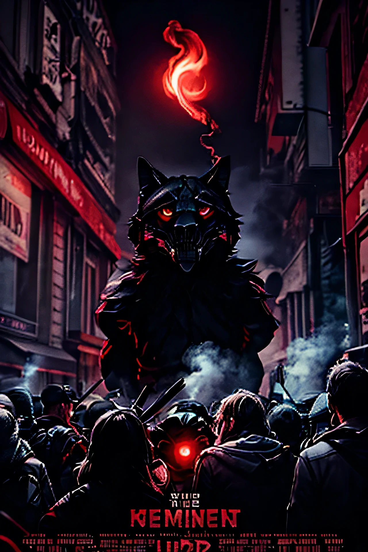 Incident, text "grassroots present", smoke, red eyes creepy face, ultra HD, power detail
