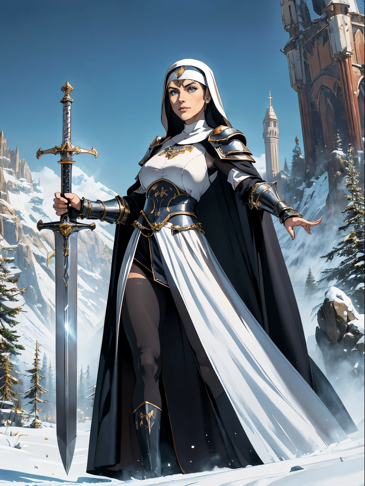 (masterpiece, top quality, best quality, official art, beautiful and aesthetic:1.2), (1girl:1.3), ((Sharp facial features, sharp features, hawkish features)), ((blue eyes)), busty brunette paladin knight girl, extremely detailed, portrait, looking at viewer, solo, (full body:0.6), detailed background, full-body shot, (warm mountain meadow theme:1.1), holy knight, (nun), charlatan, smirk, mysterious, swaying in mountains, armor, polished metal, gold trim, long boots, white fabric, pelvic curtain, robe, pale leather, ((((nun, greatsword, corona, holy aura, heavy armor, armored, long legs, pelvic curtain, toned, muscular)))), slim waist, slim hips, long legs, medieval (mountain exterior:1.1) background, dark mysterious lighting, shadows, magical atmosphere, dutch angle