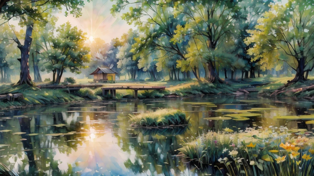 A beautiful rural landscape, a girl sitting in the field, detailed watercolor painting, serene countryside scenery, lush green meadow, sunlight filtering through trees, soft pastel colors, intricate floral details, detailed foliage, tranquil pond reflection, delicate brush strokes, watercolor texture, impressionistic style, (best quality,4k,8k,highres,masterpiece:1.2),ultra-detailed,(realistic,photorealistic,photo-realistic:1.37),vibrant colors,natural lighting,serene atmosphere,idyllic pastoral scene