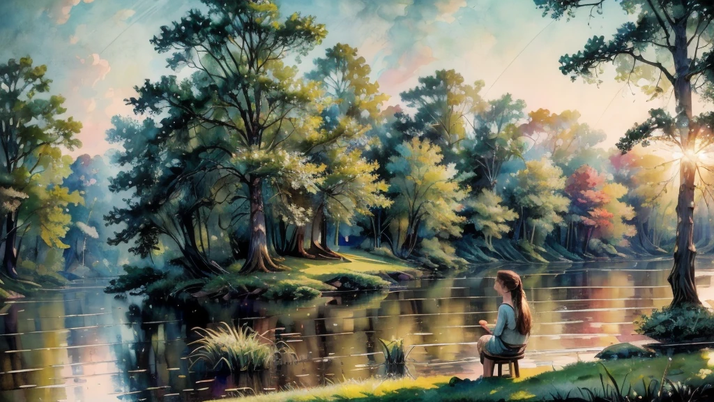 A beautiful rural landscape, a girl sitting in the field, detailed watercolor painting, serene countryside scenery, lush green meadow, sunlight filtering through trees, soft pastel colors, intricate floral details, detailed foliage, tranquil pond reflection, delicate brush strokes, watercolor texture, impressionistic style, (best quality,4k,8k,highres,masterpiece:1.2),ultra-detailed,(realistic,photorealistic,photo-realistic:1.37),vibrant colors,natural lighting,serene atmosphere,idyllic pastoral scene