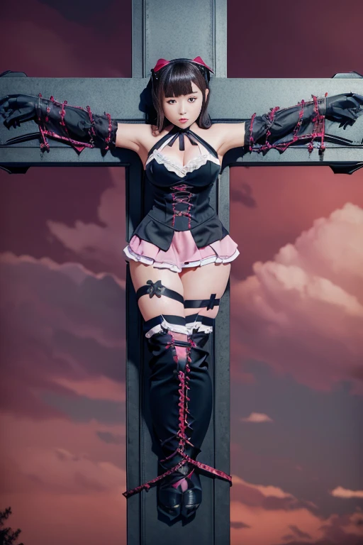  masterpiece,highest quality, 超A high resolution, (Realistic)、RAW Photos,(every time :1.2), ((One Japanese woman、Wearing Gothic ta、Crucified on an iron cross))、(Landscape Photography)、((Detailed depiction down to the toes))、

((Satin Material、Lots of frills and ribbons))、Halter neck、Bust-up design、corset、Exposing thighs、Pany skirt、Thigh-high boots、Stiletto heels、Long gloves、

Short Bob Hair:1.2、Big eyes:1.5、Plump face、Highly detailed eyes、Ample breasts、Looking into the camera、((whole body))、

Big Moon、Bright moonlight、Pink and red interpolated colors、Nebula Sky、