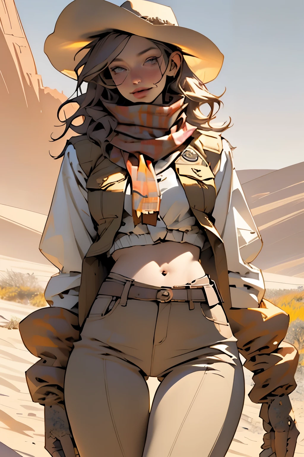 (highest quality, Super detailed, realistic:1.37), outdoor, slim girl, beautiful face, detailed and beautiful eyes, beautiful detailed lips, cowboy hat, vest, slim waist, slender thighs, thigh gap, show belly, pants, scarf, With confidence, medium chest, dusty farm landscape, golden hour lighting