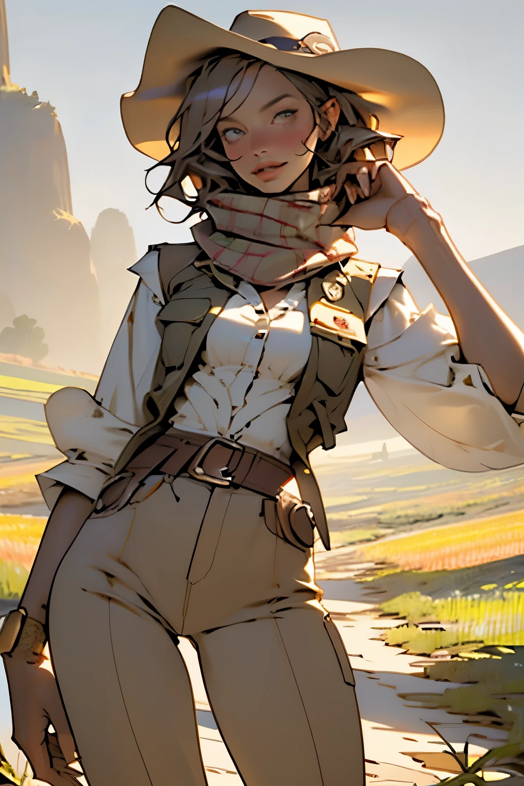 (highest quality, Super detailed, realistic:1.37), outdoor, slim girl, beautiful face, detailed and beautiful eyes, beautiful detailed lips, cowboy hat, vest, slim waist, slender thighs, thigh gap, show belly, pants, scarf, With confidence, medium chest, dusty farm landscape, golden hour lighting