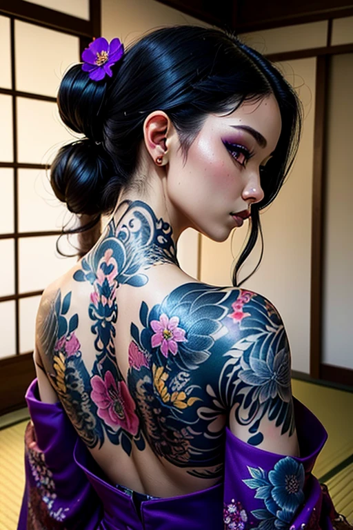 (masterpiece, top quality, best quality, official art, beautiful and aesthetic:1.2),1girl, tattoo, solo, japanese clothes,  hair ornament, unsheathing, Black hair, sheath, back tattoo, violet eyes,  off shoulder, bare shoulders, looking back, from behind, flower, looking at viewer,  holding, makeup, 
indoor,
