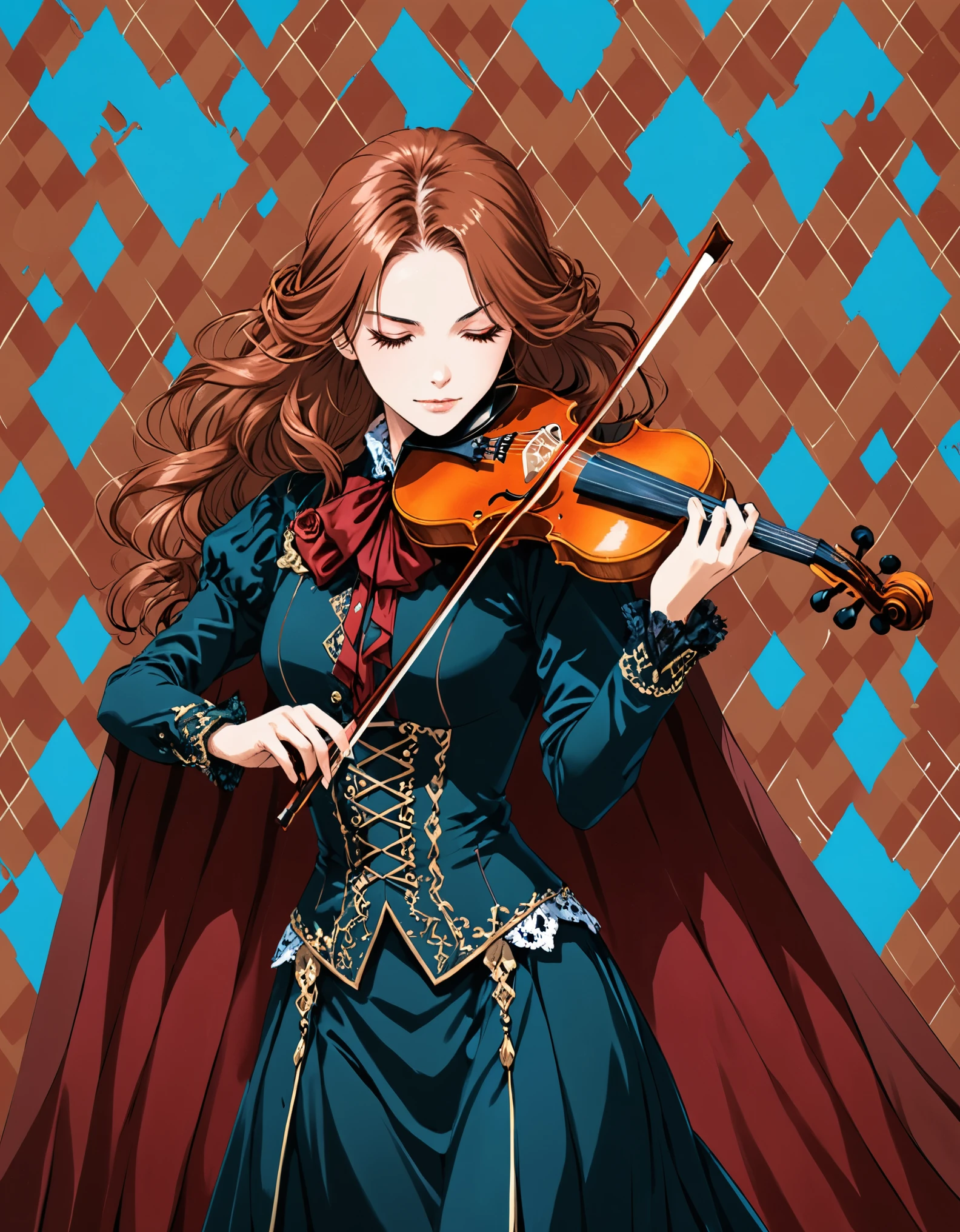 ((mediumaquamarine:0.8) and (rosybrown:1.3) argyle_background:1.6),
BREAK
(rococo:1.4),(Anime line drawing:1.5),1990s \(style\),retro,japanese manga,(dark red velvet and dodgerblue:1.2),Minimalism,(Line Art:1.6),sketch,by Hirohiko Araki,charcoal drawing,
BREAK
Black skull Reaper,playing the violin,(violin:1.3),(bows:1.3),(pulling:1.3),(broken torn cape:1.4),the lines of movement of the wind,