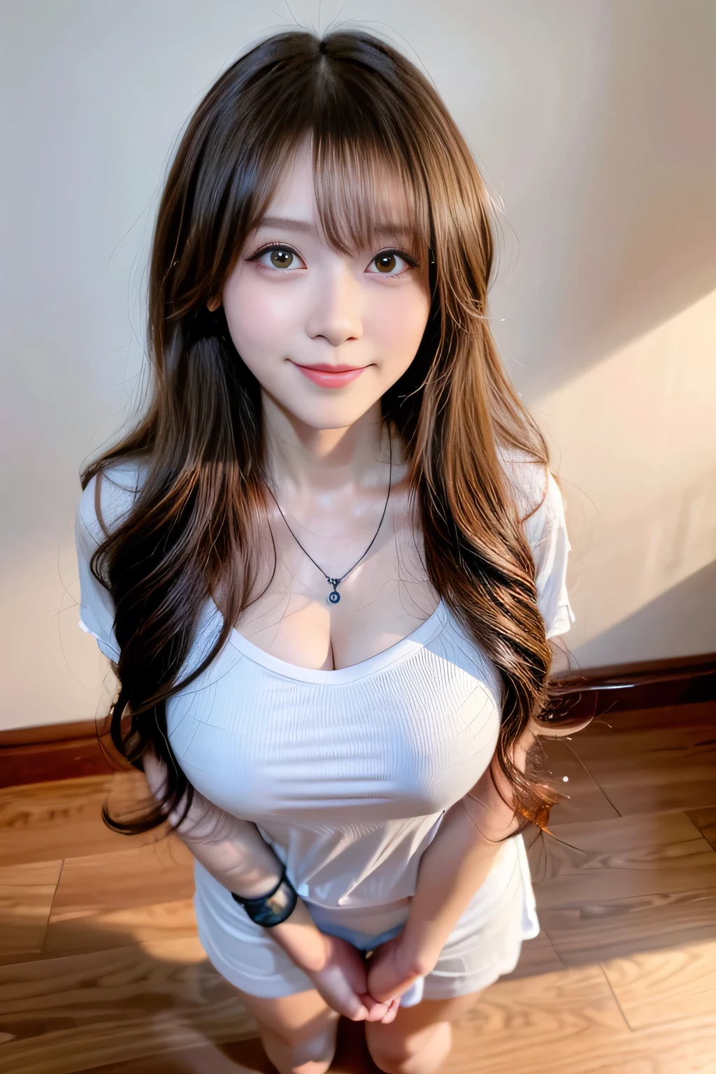 ((Full Body Angle))、((highest quality, 8K, masterpiece: 1.3)), concentrated: 1.2, Cute girl 1,Nipples erect、 Perfect beauty: 1.4,Crisscross V-neck T-shirt, Casual summer short sleeve t-shirt: 1.2,Long sleeve、Randall Color、comics＆Text Graphics、Black ruffle-trimmed drawstring zip blouse,1.1, Highly detailed face and skin textures, Fine grain, double eyelid, whitening skin, ,highest quality,Ultra-high resolution,you,1 girl,alone,_Shiny_skin,Iris,necklace,((Brown_length_Wavy_hair)),(lips)),eyelash,Front hair,deal with,compensate,Shiny,pore,skin texture,Large Breasts、smiling face、Front hair、from above、