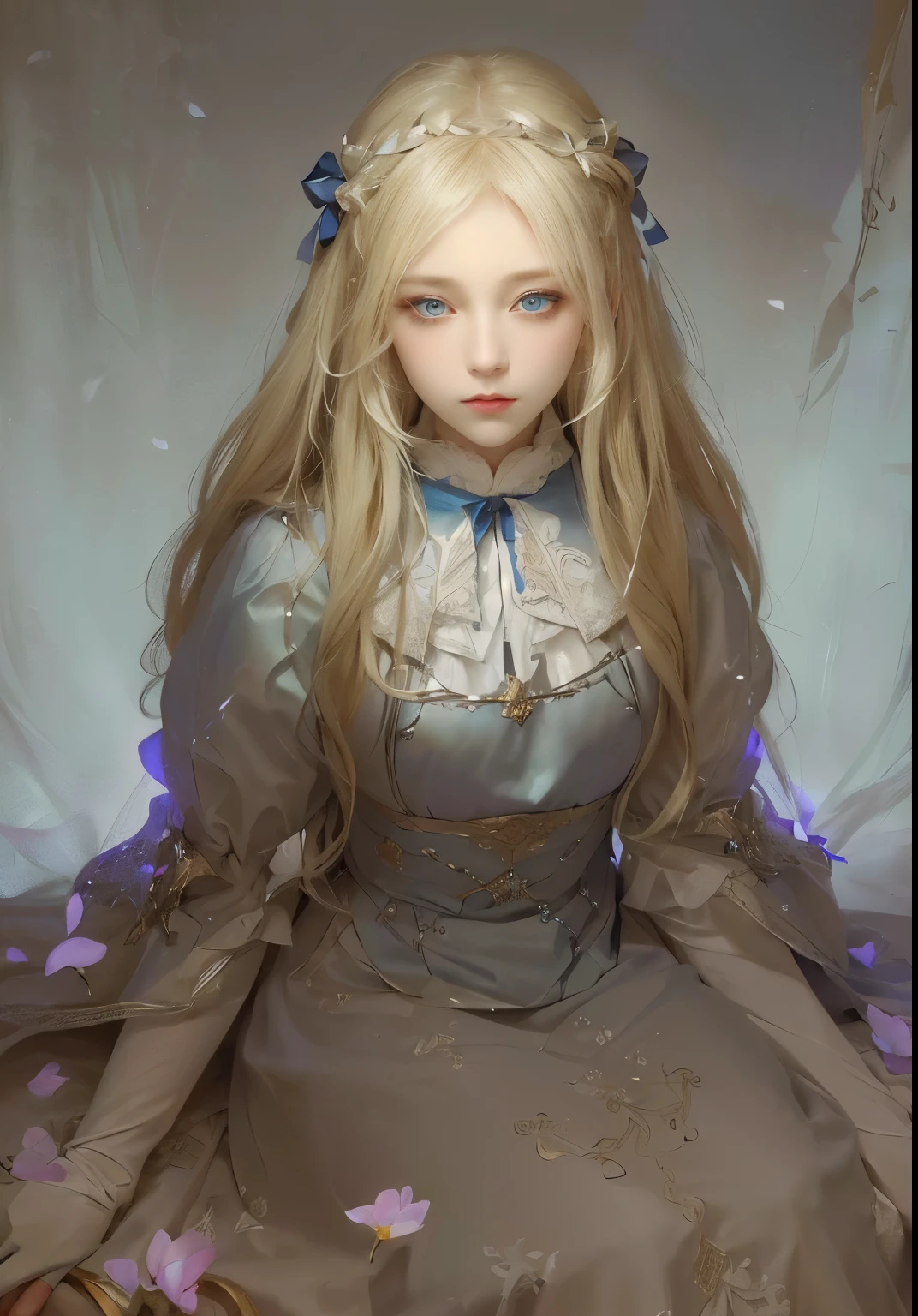 white skin girl, blonde hair, blue big eyes, sitting, ribbon, long sleeves, looking at viewer, petals, expressionless, close mouth, painted style,volumetric lighting,fantasy art,dark mood,mysterious, a medieval dress, painted style