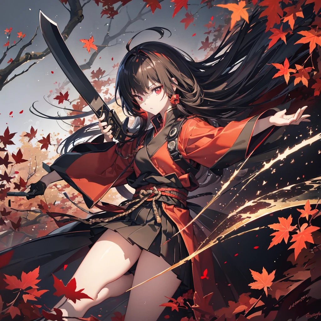 ((blackい髪　Long Hair　black　Military commander　one person　Lonely　Red Flag　Eye patch))　((night　Japanese style　old　Shining Aura))　(Dance　Burning Blade　Shining Japan sword　Hold the sword with your right hand　Hold the sheath in your left hand　Pull it out as it is)　moon　star　Draw your sword　Slashing　Catch the wind　print　Tense face　geta　kimono　Red shiny edge　Reflection of the sword　water surface　autumn　Maple　Red Butterfly　in the forest　Emit an aura