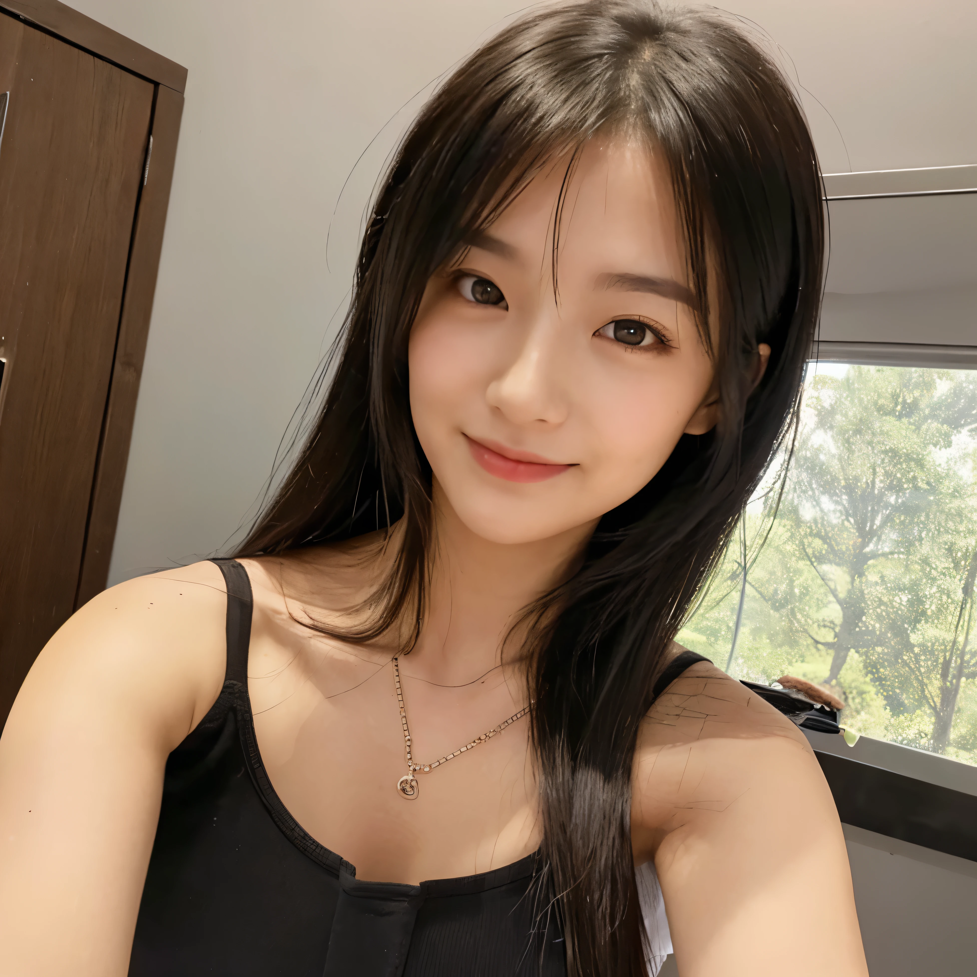 Highest quality、1 person、Perfect Face、Selfie、Upper Body、mirror、Black camisole、Selphy、(flat chest)、Chest close-up