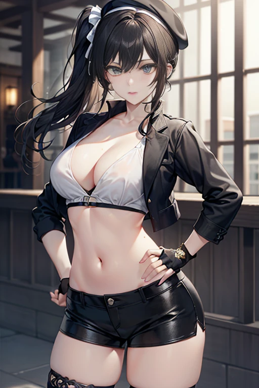ubel,dark green hair,long hair,side ponytail,hair between eyes,bangs, BREAK (beret, black jacket, open clothes, cleavage, midriff, black shorts, black thighhighs, thigh strap, fingerless gloves, single glove:1.2) BREAK blurry background, BREAK pose, hand on hip, BREAK (masterpiece:1.2), best quality, high resolution, unity 8k wallpaper, (illustration:0.8), (beautiful detailed eyes:1.6), extremely detailed face, perfect lighting, extremely detailed CG, (perfect hands, perfect anatomy),
