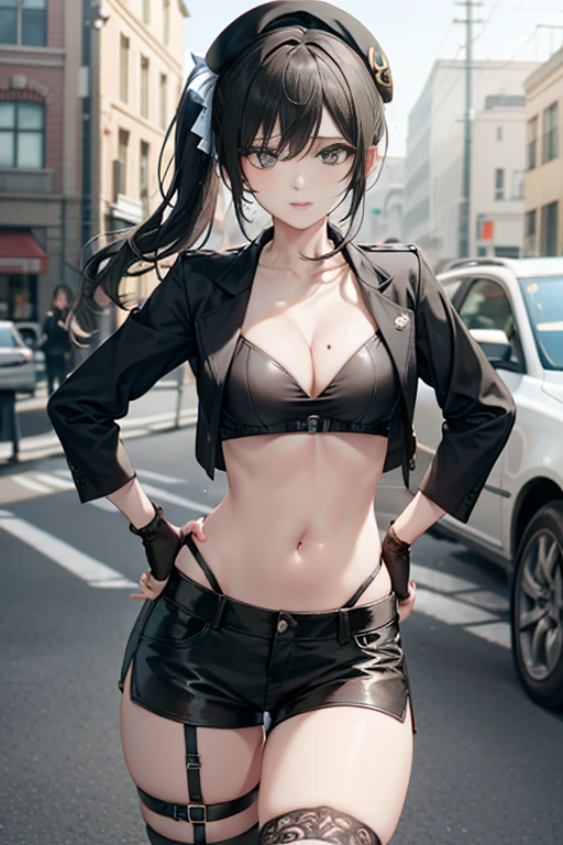 ubel,dark green hair,long hair,side ponytail,hair between eyes,bangs, BREAK (beret, black jacket, open clothes, cleavage, midriff, black shorts, black thighhighs, thigh strap, fingerless gloves, single glove:1.2) BREAK blurry background, BREAK pose, hand on hip, BREAK (masterpiece:1.2), best quality, high resolution, unity 8k wallpaper, (illustration:0.8), (beautiful detailed eyes:1.6), extremely detailed face, perfect lighting, extremely detailed CG, (perfect hands, perfect anatomy),