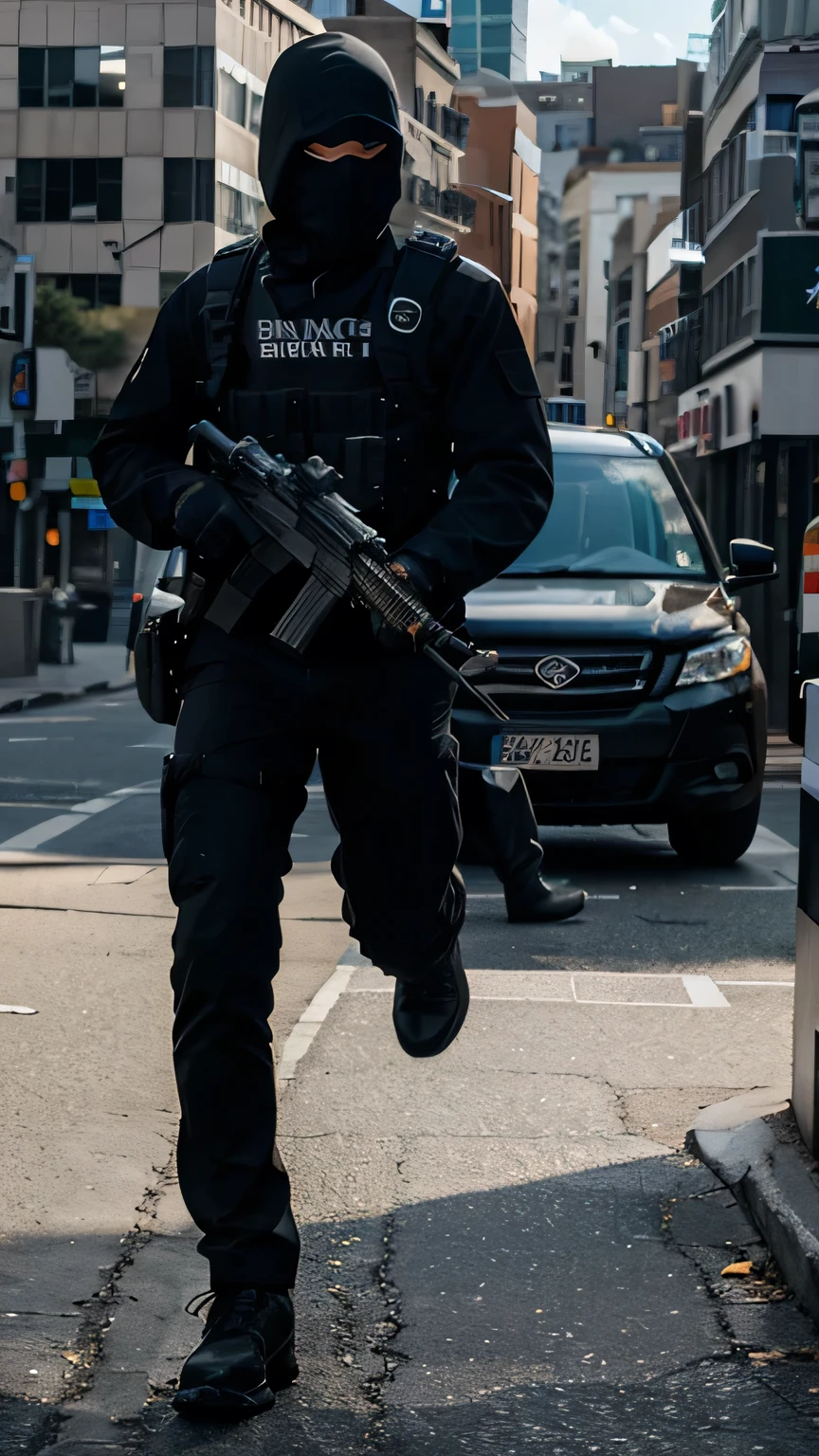A bustling city street with a modern bank on the corner. A black van with tinted windows has screeched to a halt in front of the bank, with smoke trailing from its tires. Four masked robbers, dressed in black tactical gear and wielding assault rifles, are mid-action, jumping out of the van. Pedestrians nearby are startled, some ducking for cover. The sky is clear, and the sun casts sharp shadows on the scene.