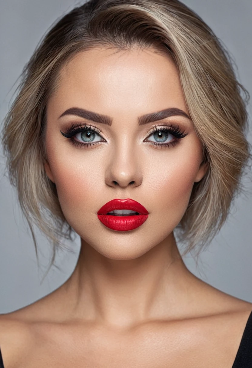 hyperrealistic beautiful busty 19-year-old woman with long legs wearing shiny black satin underwear, model shooting full body photography, bleached blonde very long straight updo hair, soaky wet skin, dark eye makeup with eyeliner, seductive smile, red lips, 8K, Best quality, Meisterwerk, ultra high resolution, (Realismus: 1.4), Originalfoto, (realistische Hautstruktur: 1.3), (Filmkorn: 1.3), (Selfie-Winkel), 1 girl, Beautiful round hazel eyes and facial details, Meisterwerk, Best quality, indoor photography, nsfw
