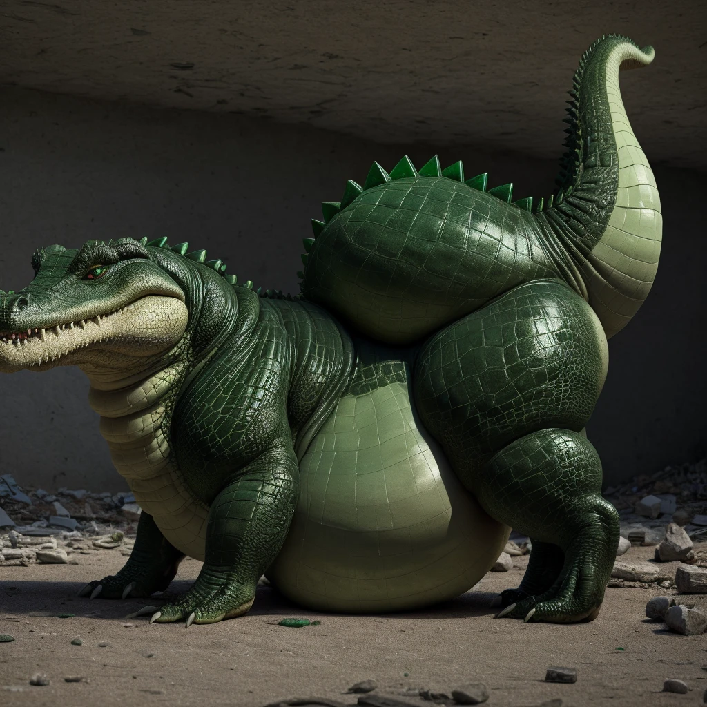 ((((A very obese emerald-colored crocodile, Emerald scales, butt up, feral, on all fours, tail up, duo, holding tail)))), Wild ferocious crocodile, Spiky scales all over the body, A glittering silver mane, Very short legs, Reptile Eyes, Longitudinal pupils, A body covered with a lot of fat, Abnormally obese head, A lot of fat on the neck, A belly so obese it covers the ground, Fat gap, Abdomen swollen enough to touch the ground, A huge, mountain-like swollen abdomen, Abnormally fat arms, Overweight and flabby legs, A body that seems to be crushed by a huge abdomen, A body that fills the screen, Rubble background, All fours pose, Wet scales all over the body, Soaking wet, ((((feral, side view))))