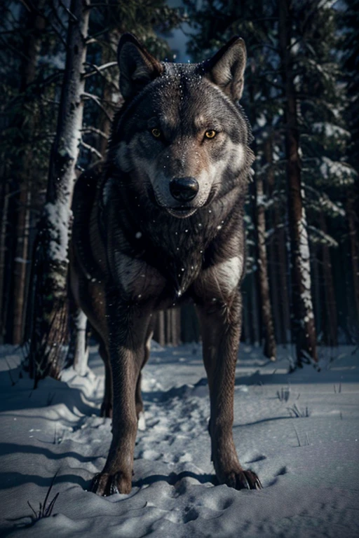 a lone wolf, fierce wolf, grey wolf, blue eyes, glowing eyes, sharp teeth, snarling, muscular, powerful, majestic, standing in the wilderness, snow-covered forest, moonlit night, howling at the moon, dramatic lighting, cinematic composition, moody atmosphere, (best quality,4k,8k,highres,masterpiece:1.2),ultra-detailed,(realistic,photorealistic,photo-realistic:1.37),concept art
